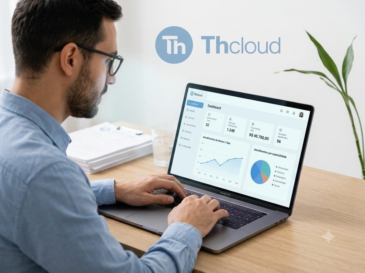 Pessoa usando o Th Cloud no notebook